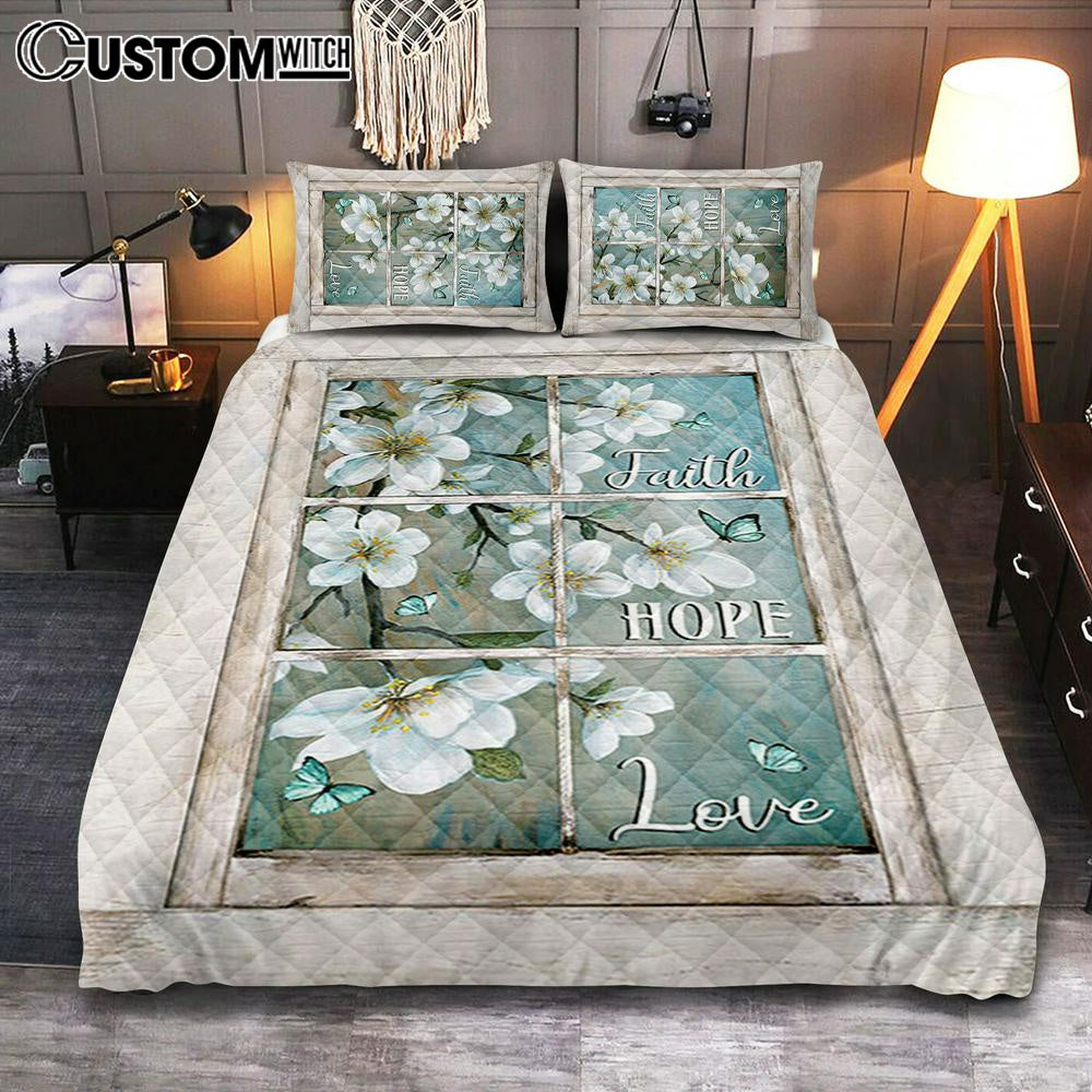 Faith Hope Love Flower Blue Butterfly Quilt Bedding Set Art