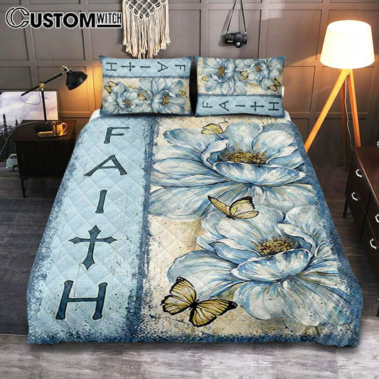 Faith White Flower Pretty Butterfly Quilt Bedding Set Art 