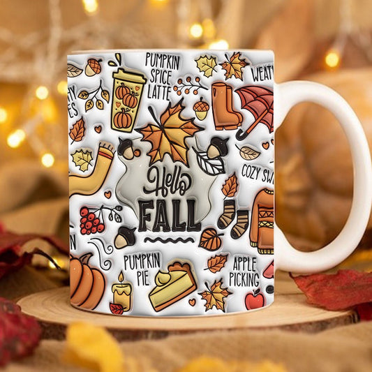 Fall Vibes 3D Mug, 3D Fall Vibes Inflated Mug, 3D Flannels Pumpkins Bonfire Inflated Mug, Pumpkin 3D Inflated Mug, Gift For Thanksgiving