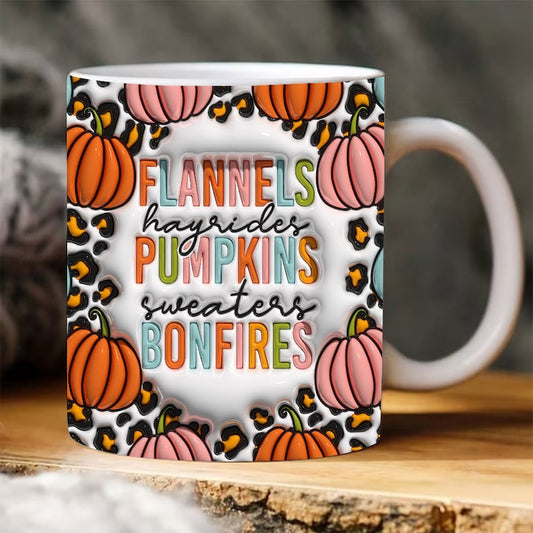 Fall Vibes 3D Mug, 3D Flannels Pumpkins Bonfire Inflated Mug, Pumpkin 3D Inflated Mug, Gift For Thanksgiving