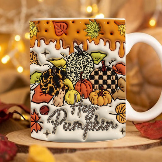 Fall Vibes 3D Mug, 3D Hey Pumpkin Vintage Inflated Mug, Pumpkin 3D Inflated Mug, Gift For Thanksgiving