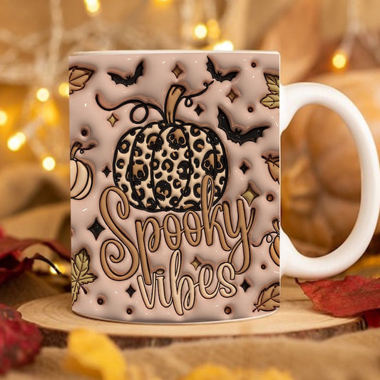Fall Vibes 3D Mug, 3D Spooky Vibes Inflated Mug, Retro Leopard Pumpkin Puffy Mug, Pumpkin 3D Inflated Mug, Gift For Thanksgiving
