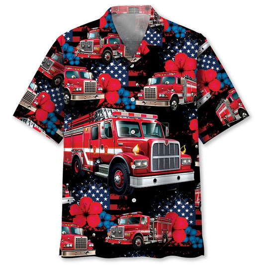 Fire Truck American Hawaiian Shirt, Funny Hawaiian Shirt, Usa Hawaiian Shirt, Vintage Hawaiian Shirts