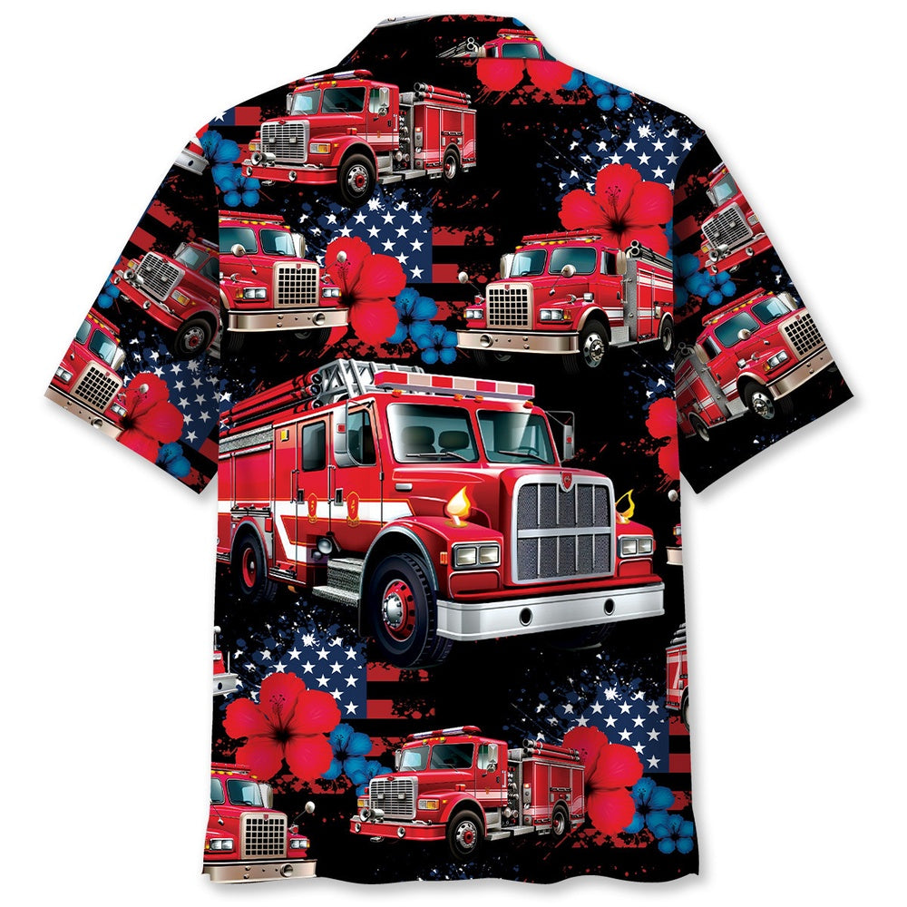 Fire Truck American Hawaiian Shirt, Funny Hawaiian Shirt, Usa Hawaiian Shirt, Vintage Hawaiian Shirts