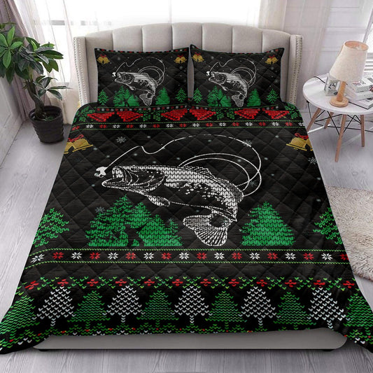 Fishing Quilt Set, Fishing Snowflake Bell Ugly Chrismas Quilt Blanket