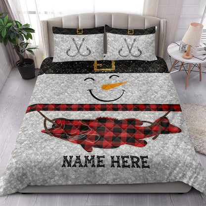 Fishing Quilt Set, Funny Snowman Bringmas Fishing Glitter Red Buffalo Plaid Quilt Blanket