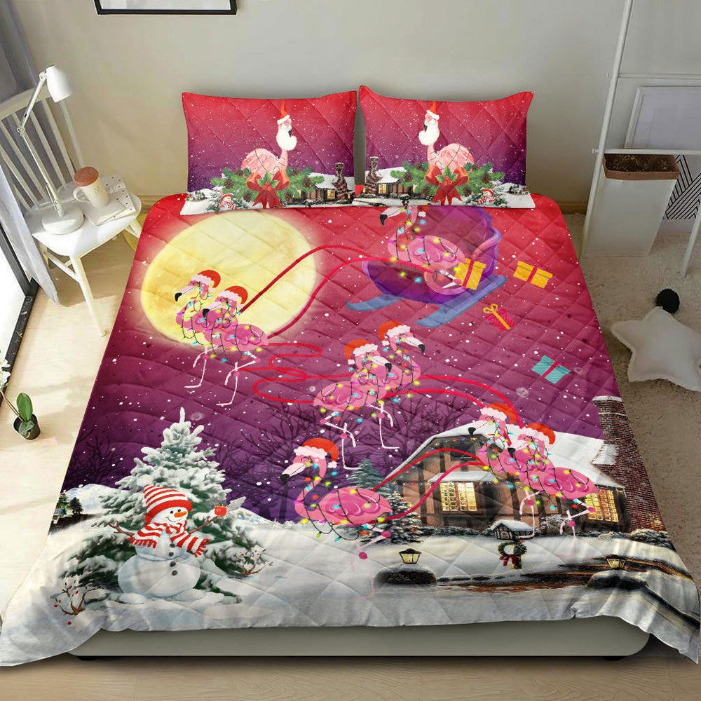 Flamingo Quilt Set, Flamingo Merrymas Xmas Night Winter Snow Quilt Blanket