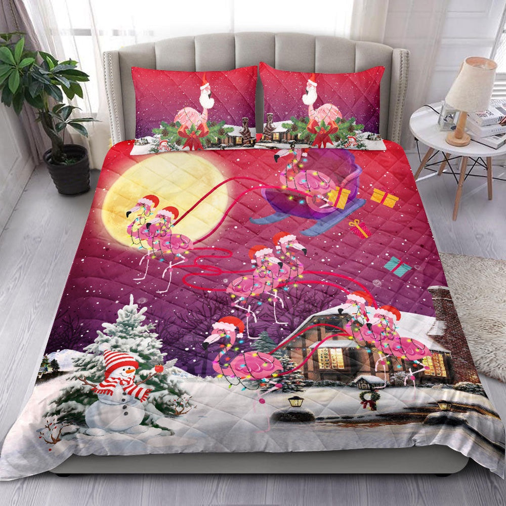 Flamingo Quilt Set, Flamingo Merrymas Xmas Night Winter Snow Quilt Blanket
