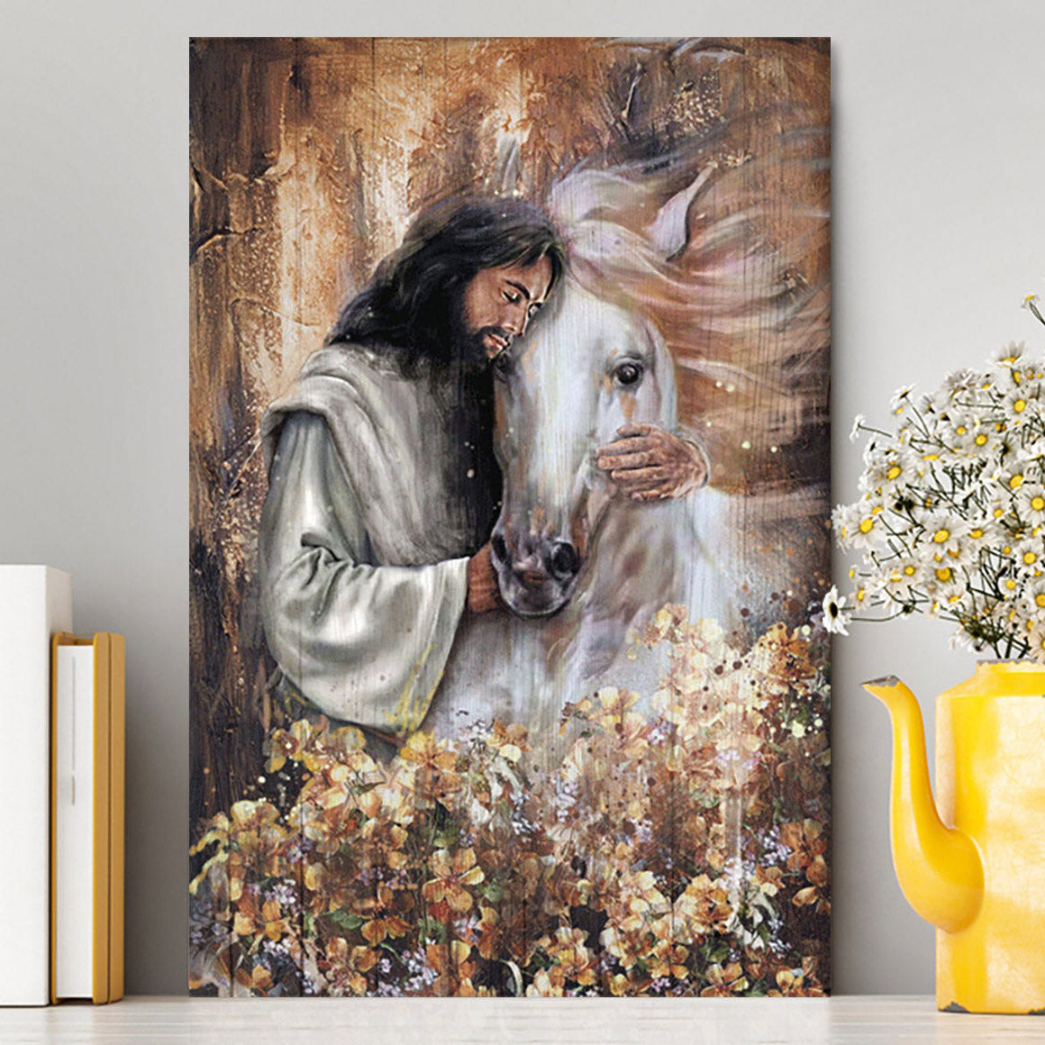 Flower Garden Jesus Hugging A Horse Canvas Art - Bible Verse Wall Art - Christian Inspirational Wall Decor