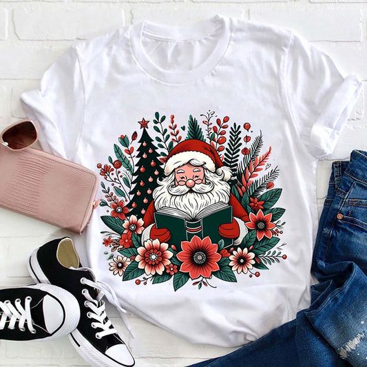 Flower Reading Santa Claus T Shirt, Merry T Shirt, Unisex Christmas Shirts