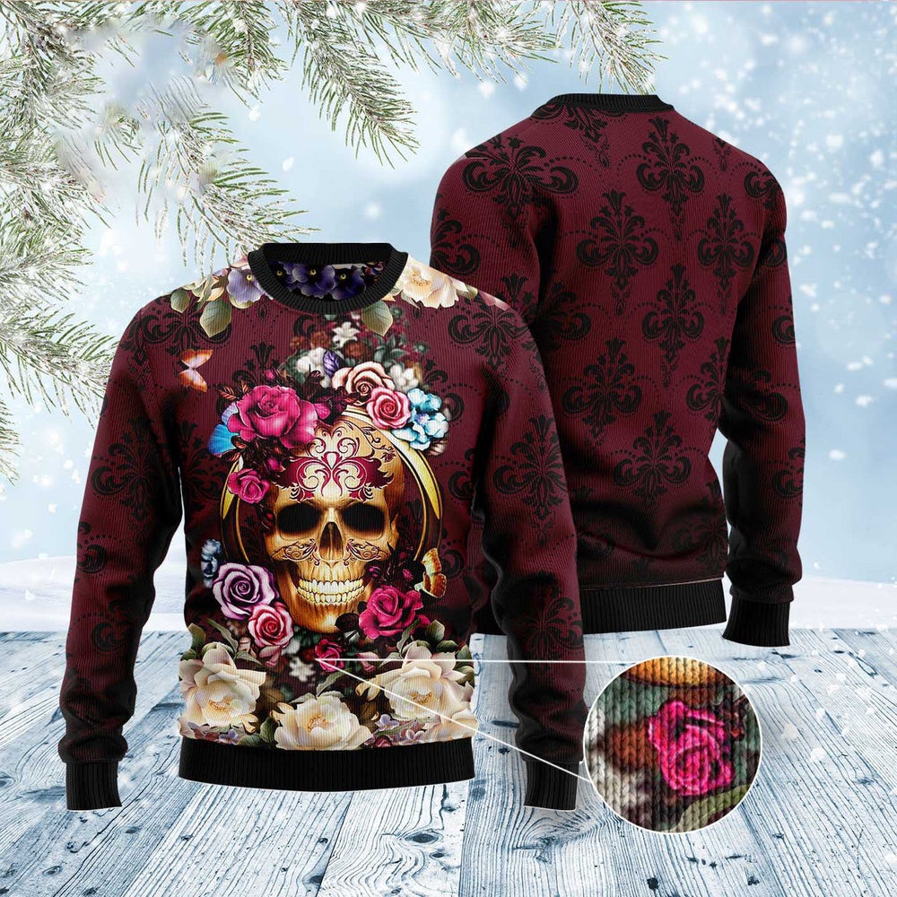 Flower Skull Ugly Christmas Sweater, Funny Xmas Sweater, Sweater Xmas