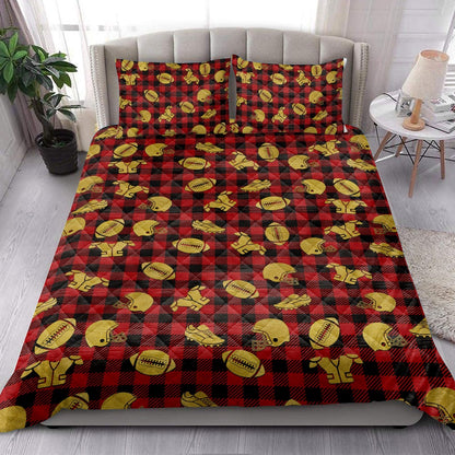 Football Quilt Set, Football Gold Glittermas Red Buffalo Plaid Quilt Blanket