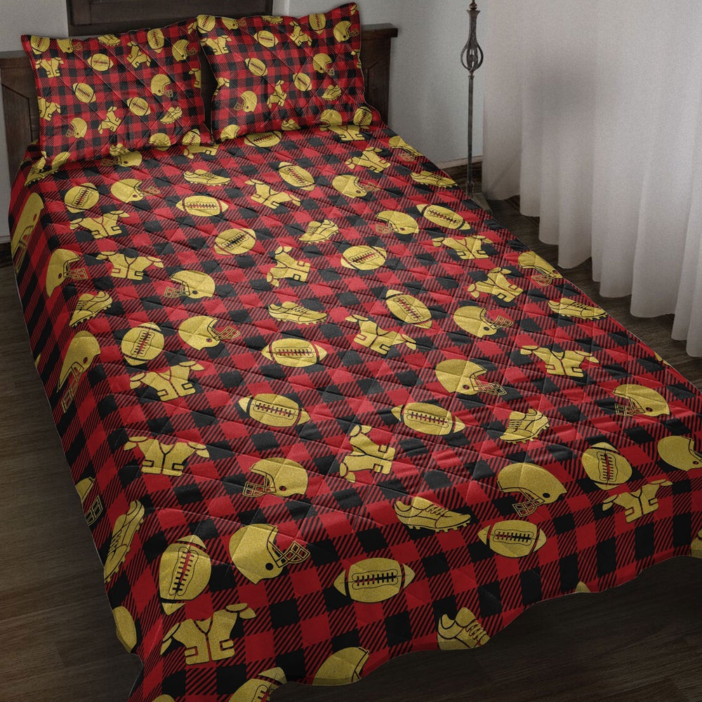 Football Quilt Set, Football Gold Glittermas Red Buffalo Plaid Quilt Blanket