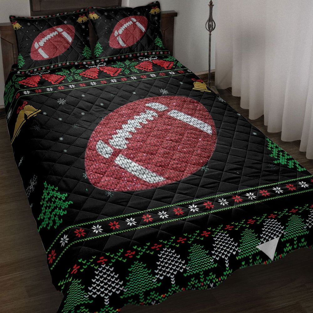 Football Quilt Set, Football Snowflake Bell Ugly Chrismas Football Quilt Blanket