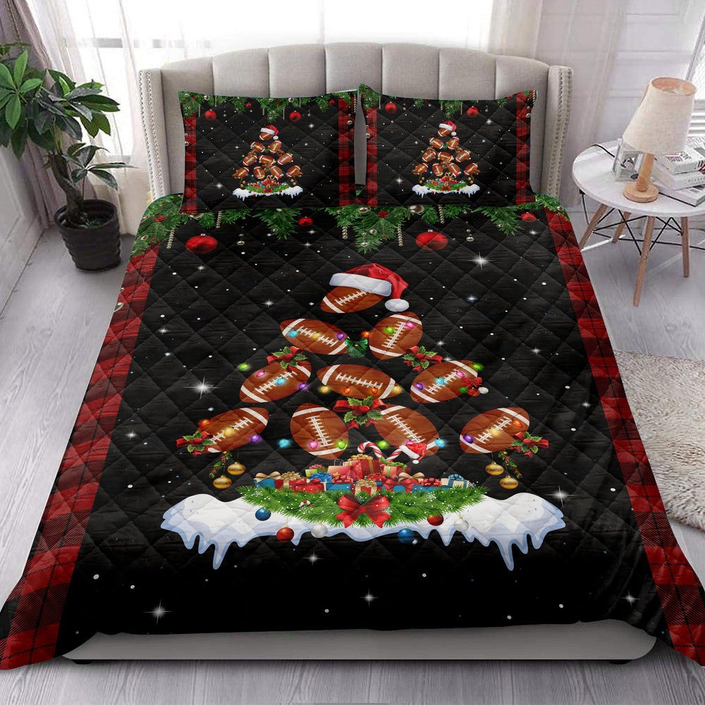 Football Quilt Set, Footballmas Tree Snowflake Box Red Buffalo Plaids Quilt Blanket