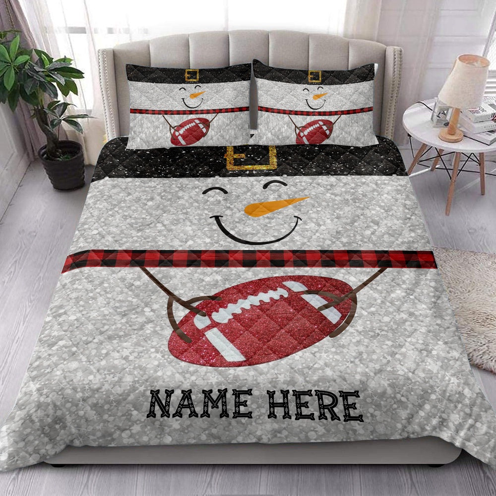 Football Quilt Set, Funny Snowman Bringmas Football Glitter Buffalo Plaid Quilt Blanket
