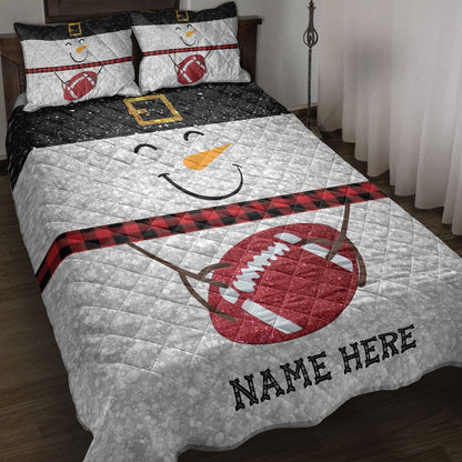 Football Quilt Set, Funny Snowman Bringmas Football Glitter Buffalo Plaid Quilt Blanket