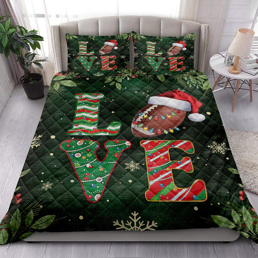 Football Quilt Set, Love Football Withmas Hat Holly Berry Snowflake Xmas Holiday Quilt Blanket