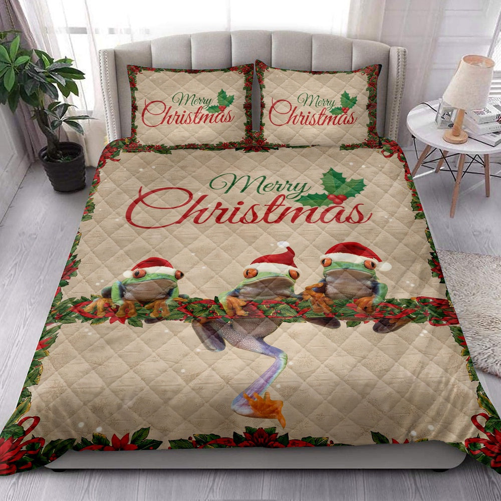 Frog Quilt Set, Merrymas Frog With Santa Hat Frog Quilt Blanket
