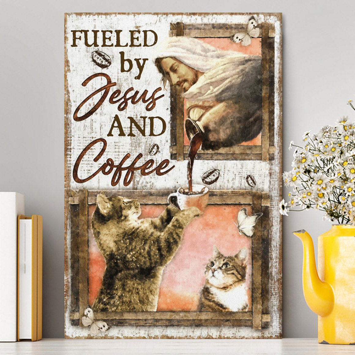 Fueled By Jesus And Coffee Cat Canvas Wall Art - Christian Wall Art Decor - Religious Canvas Prints