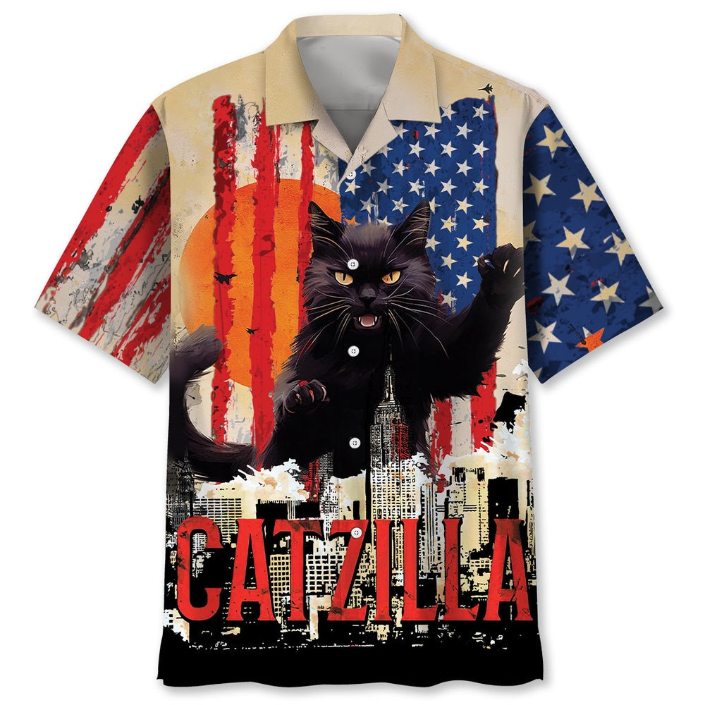 Funny America Black Cat Hawaiian Shirt, Funny Hawaiian Shirt, Usa Hawaiian Shirt, Vintage Hawaiian Shirts