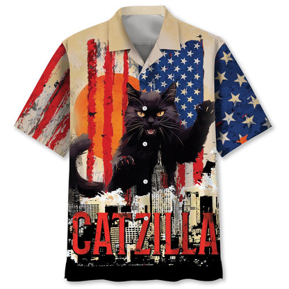 Funny America Black Cat Hawaiian Shirt, Funny Hawaiian Shirt, Usa Hawaiian Shirt, Vintage Hawaiian Shirts