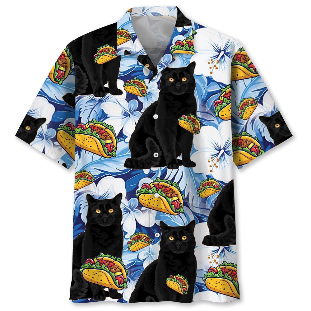 Funny Black Cat Taco Blue Hawaiian Shirt, Cat Hawaiian Shirt, Funny Hawaiian Shirts