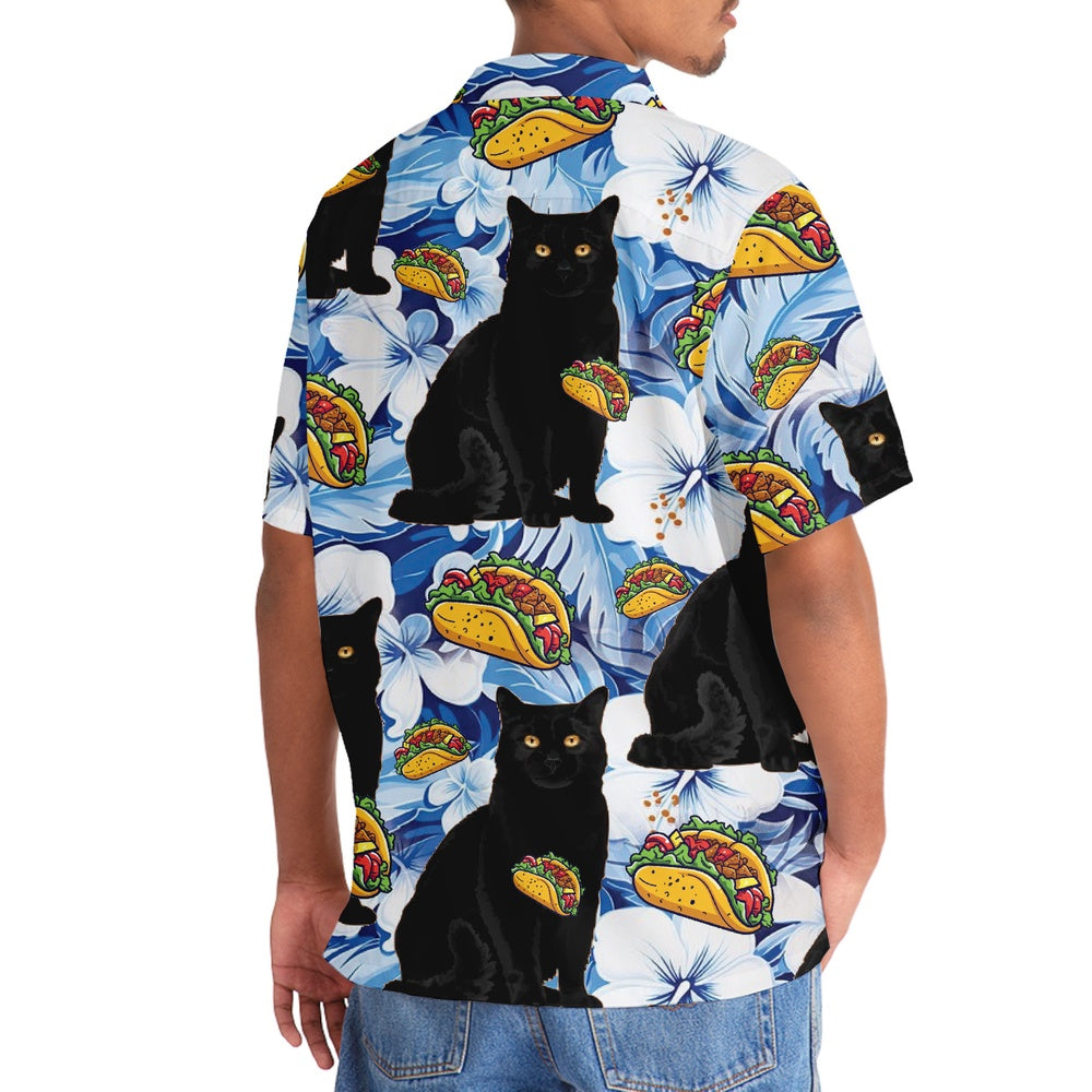 Funny Black Cat Taco Blue Hawaiian Shirt, Cat Hawaiian Shirt, Funny Hawaiian Shirts