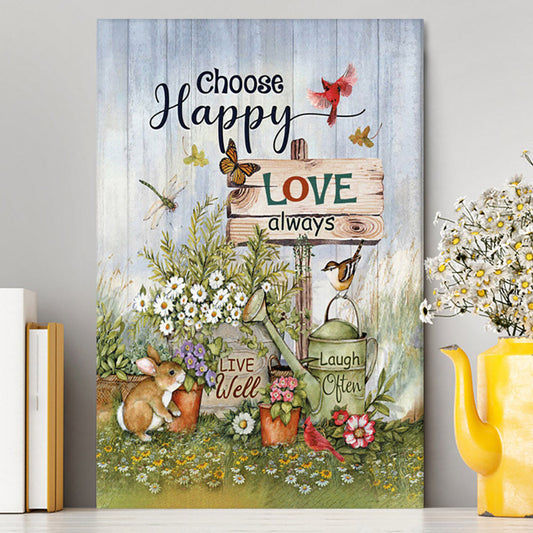 Garden Cute Rabbit Daisy Vase Canvas- Choose Happy Love Always Canvas Wall Art - Christian Canvas Prints