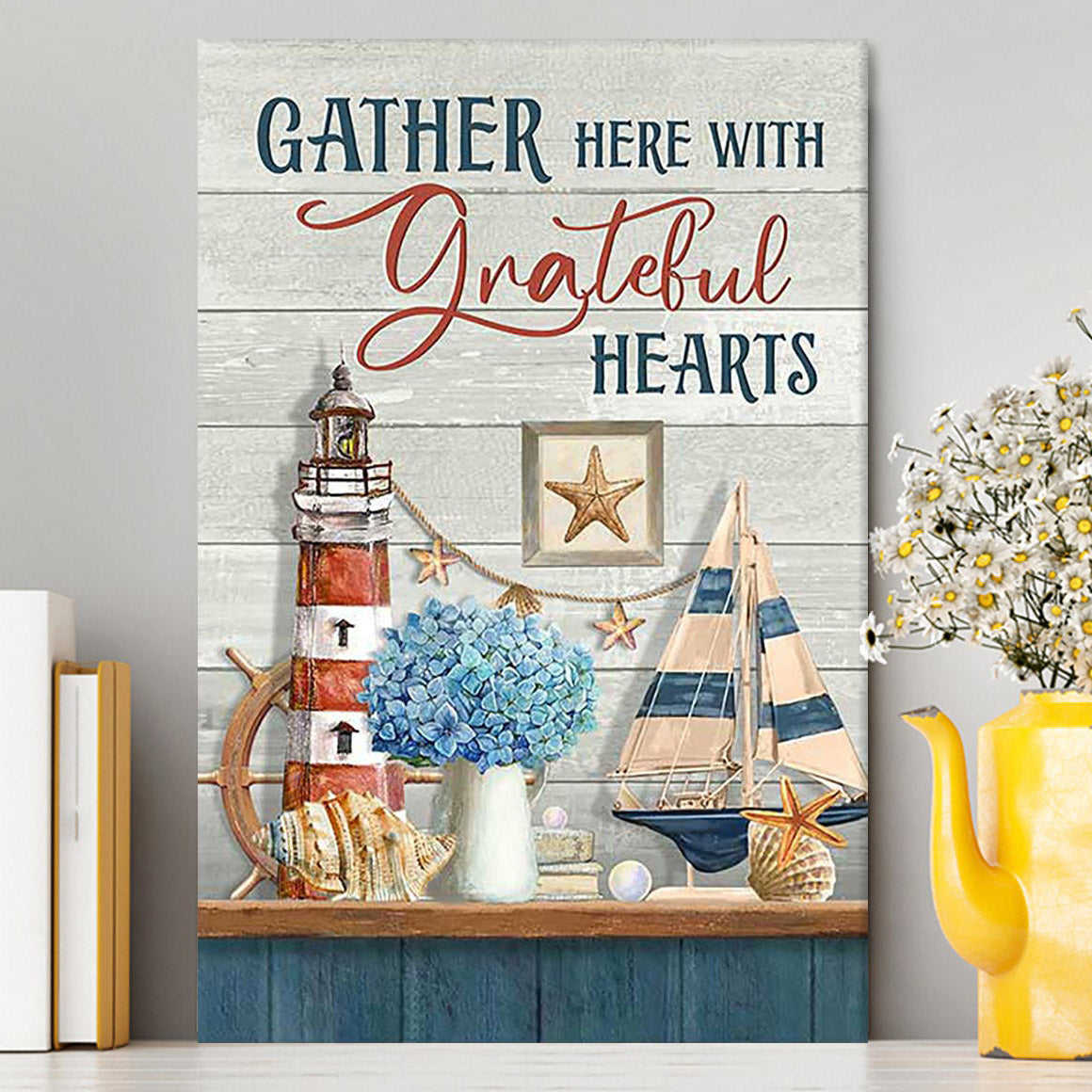 Gather Here With Grateful Hearts Lighthouse Canvas Art - Bible Verse Wall Art - Christian Inspirational Wall Decor