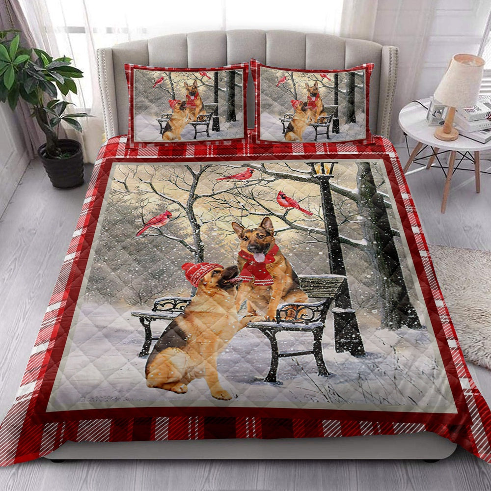 German Shepherd Quilt Set, German Shepherd Hellomas Snowflake Winter Park Holiday Quilt Blanket