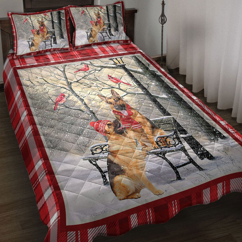 German Shepherd Quilt Set, German Shepherd Hellomas Snowflake Winter Park Holiday Quilt Blanket