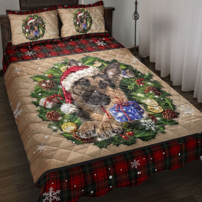 German Shepherd Quilt Set, German Shepherd Wearing Wreath Amas Hat Buffalo Plaid Quilt Blanket