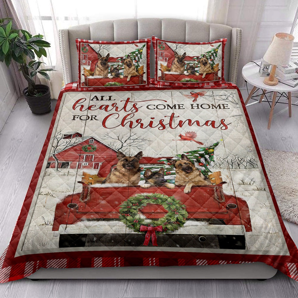 German Shepherd Quilt Set, German Shepherd With Truckmas Tree Cozy Farmho Use Red Plaid Quilt Blanket