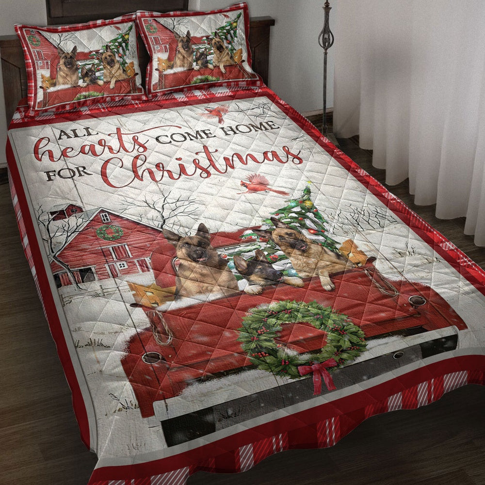 German Shepherd Quilt Set, German Shepherd With Truckmas Tree Cozy Farmho Use Red Plaid Quilt Blanket