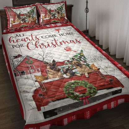 German Shepherd Quilt Set, German Shepherd With Truckmas Tree Cozy Farmho Use Red Plaid Quilt Blanket