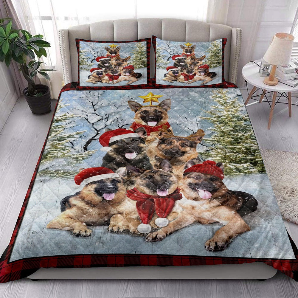 German Shepherd Quilt Set, German Shepherdmas Tree With Santa Hat Snowflake Red Quilt Blanket