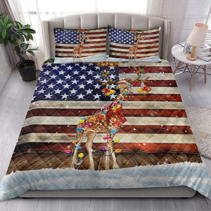 Giraffe Quilt Set, Giraffe Wearing Amas Hat With String Light Us Flag Quilt Blanket