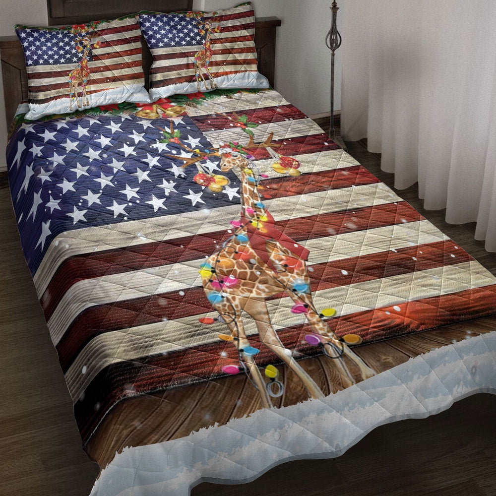 Giraffe Quilt Set, Giraffe Wearing Amas Hat With String Light Us Flag Quilt Blanket