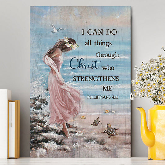 Girl In The Beach Turtle Blue Beach Canvas - I Can Do All Things Through Christ Canvas Wall Art - Bible Verse Canvas Art