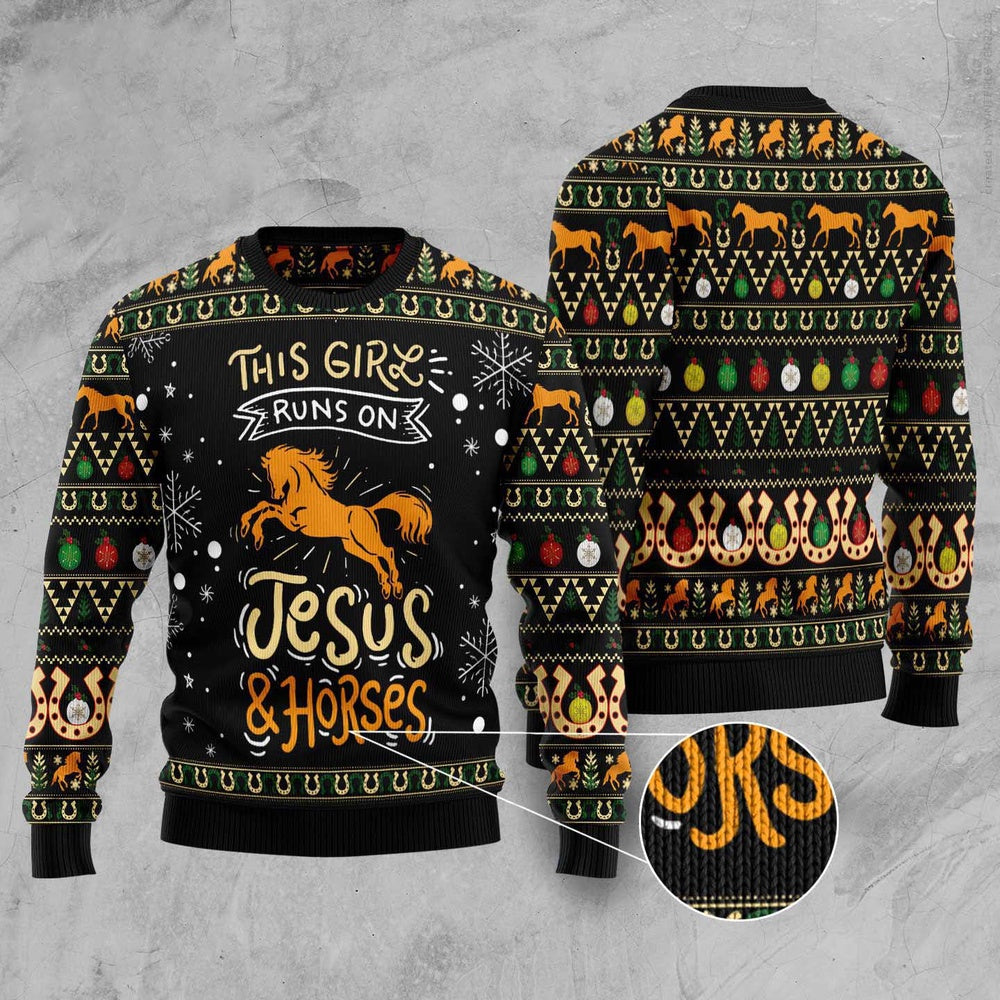 Girls Run On Jesus And Horses Ugly Christmas Sweater, Funny Xmas Sweater, Sweater Xmas
