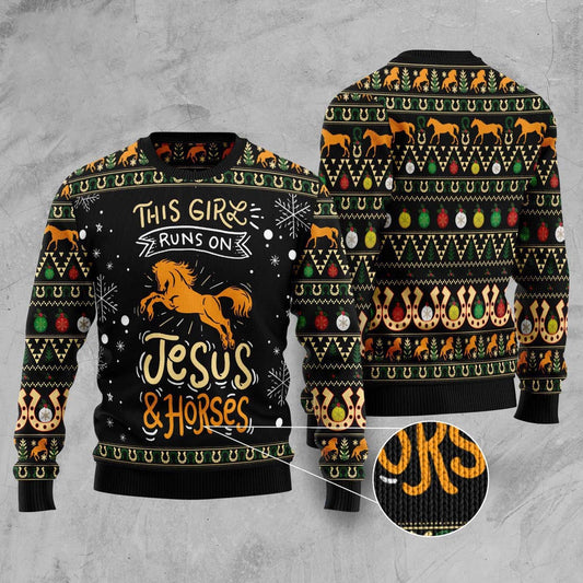 Girls Run On Jesus And Horses Ugly Christmas Sweater, Funny Xmas Sweater, Sweater Xmas