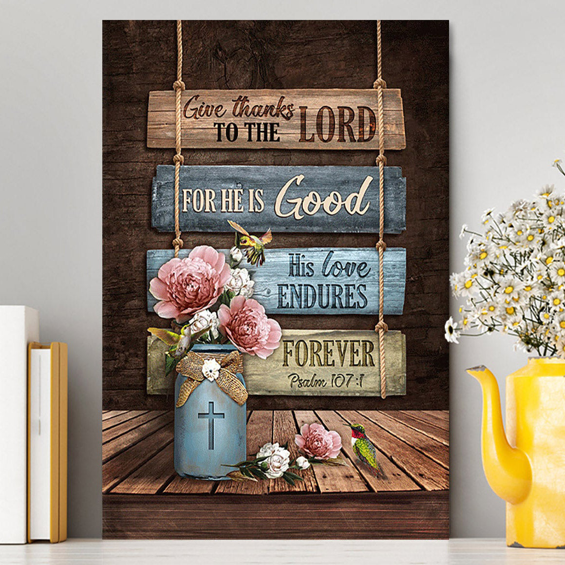Give Thanks To The Lord Garden Roses Hummingbird Canvas Art - Bible Verse Wall Art - Christian Inspirational Wall Decor