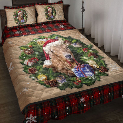 Goat Quilt Set, Goat Wearing Wreath Amas Hat Red Buffalo Plaid Holiday Quilt Blanket