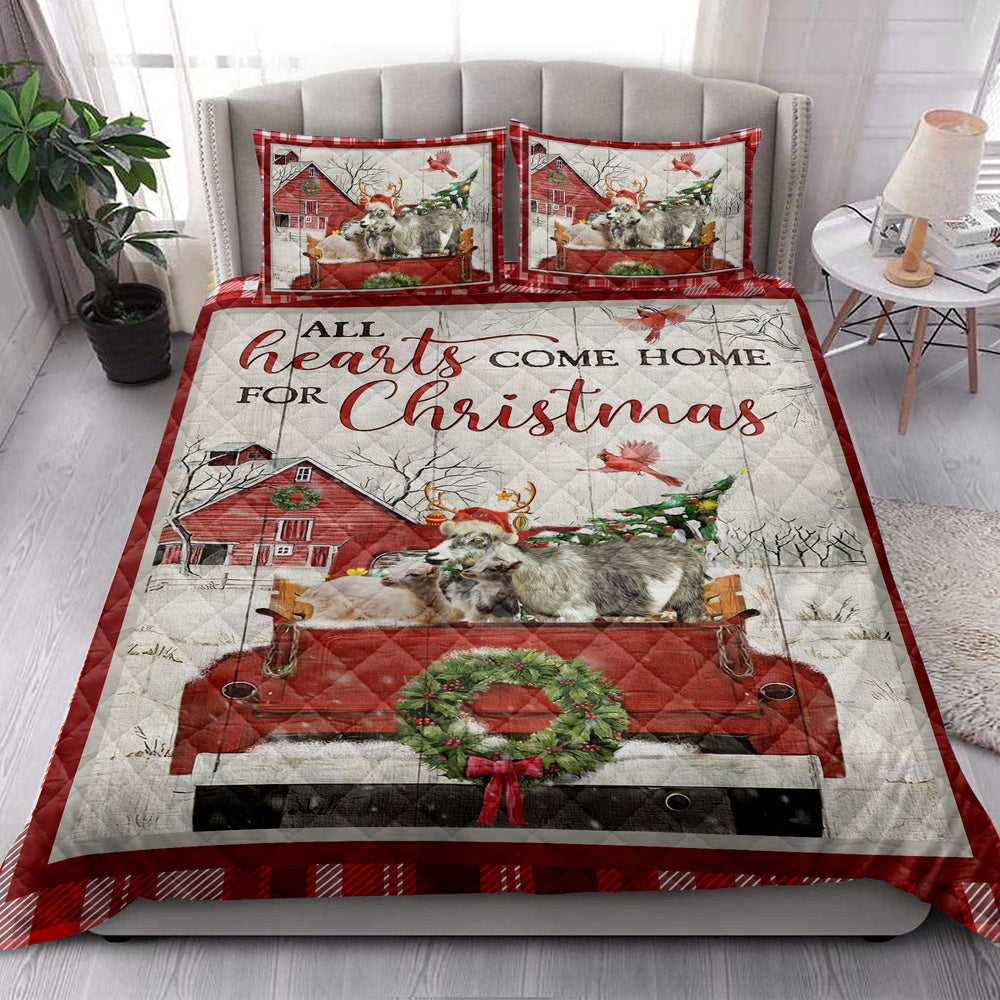 Goat Quilt Set, Goat With Truckmas Tree Snowflake Cozy Farmho Use Red Plaid Quilt Blanket