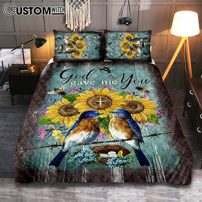 God Gave Me You Bird Nest Sunflower Butterfly Quilt Bedding Set Art