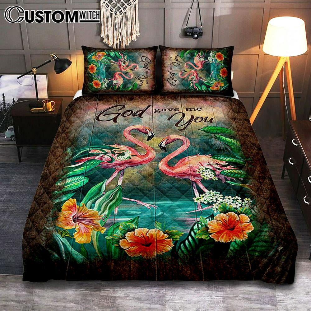 God Gave Me You Flamingo Hibiscus Quilt Bedding Set Art 