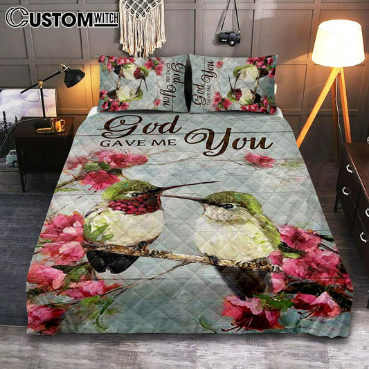 God Gave Me You Pink Flower Hummingbird Quilt Bedding Set Art 