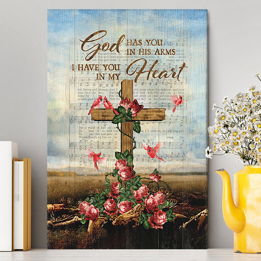 God Has You In His Arms Canvas - Red Rose Cardinal Wooden Cross Canvas Wall Art - Bible Verse Canvas Art - Christian Home Decor