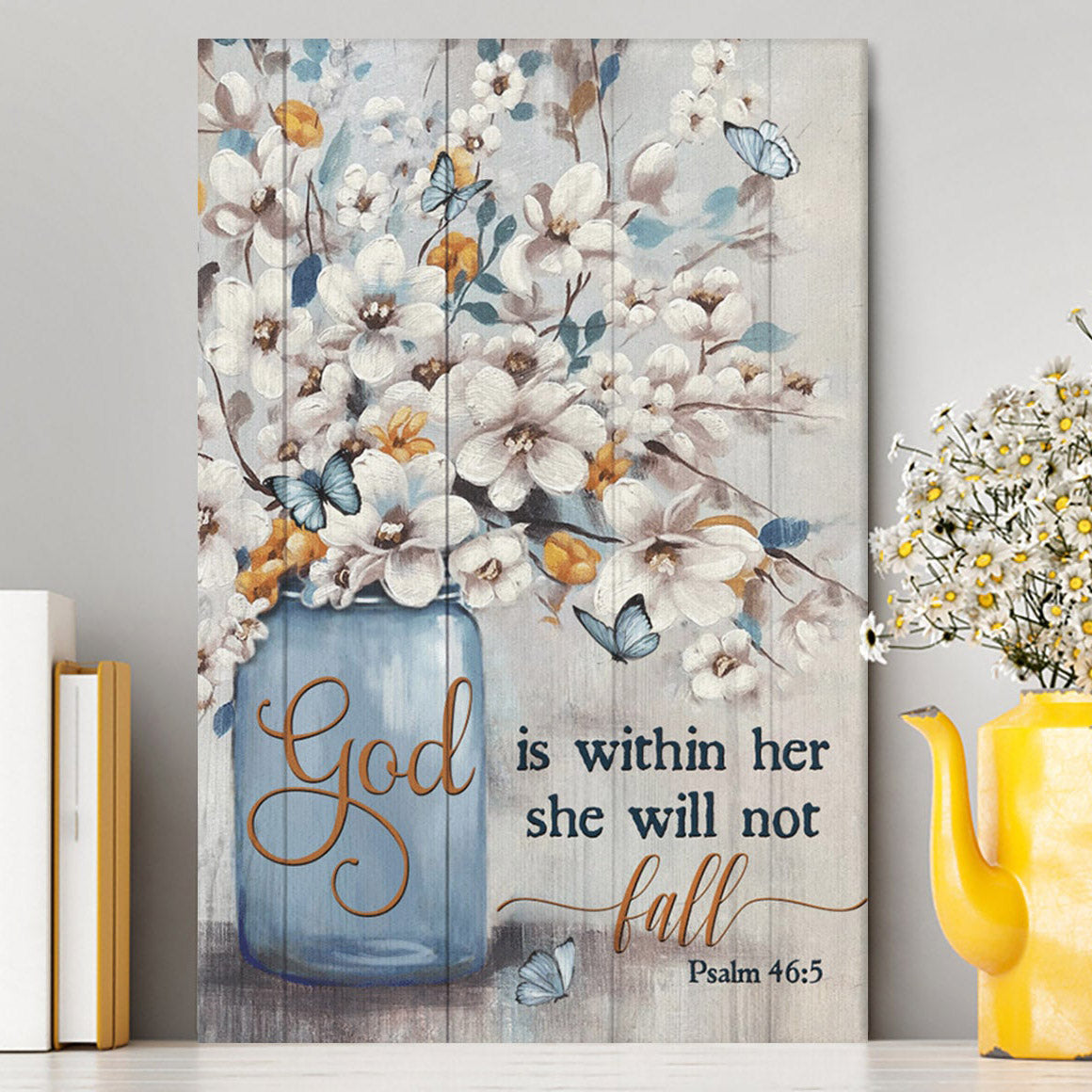 God Is Within Her Jasmine Flower Blue Vase Butterfly Canvas Wall Art - Christian Wall Art Decor - Religious Canvas Prints